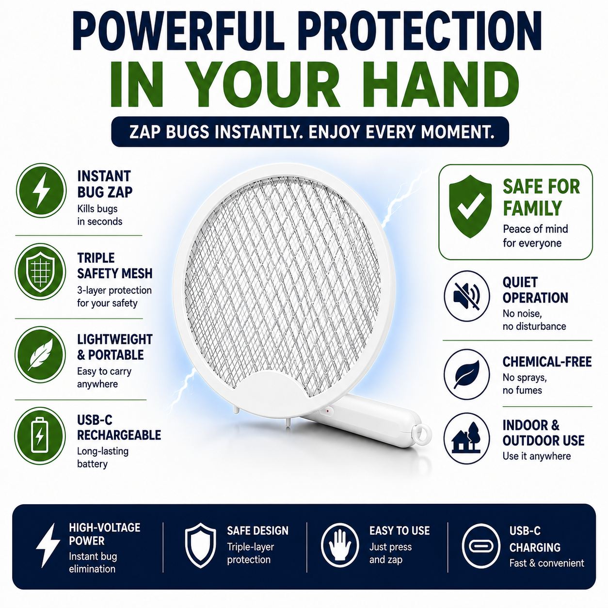 3-in-1 Rechargeable Bug Zapper Racket
