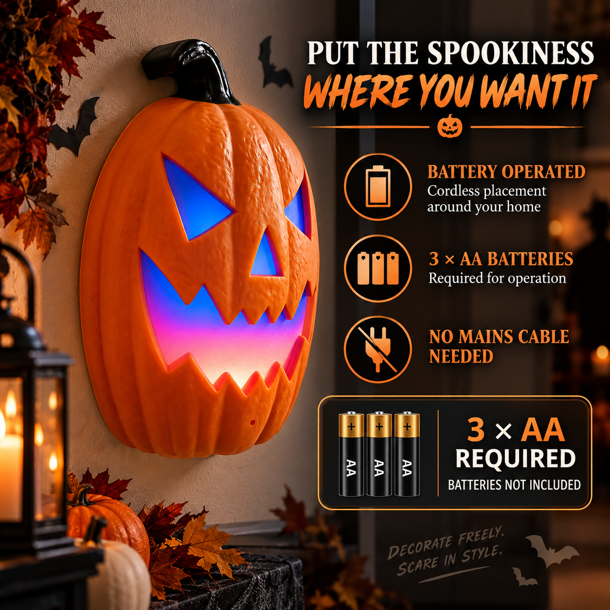 iN Halloween LED Pumpkin - Halloween Decoration - Colour Changing - Spooky Sounds - Motion Detection -Size 21.5x10x30cm