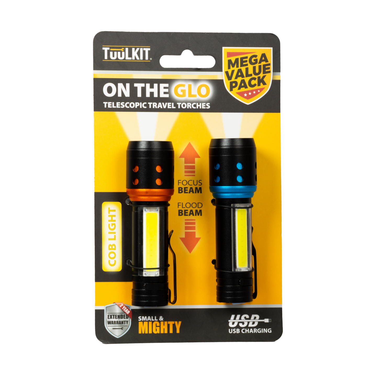 Set of 2 Telescopic Travel Torches | USB Rechargeable | Focus & Flood Beam 2-Year Warranty - DSL