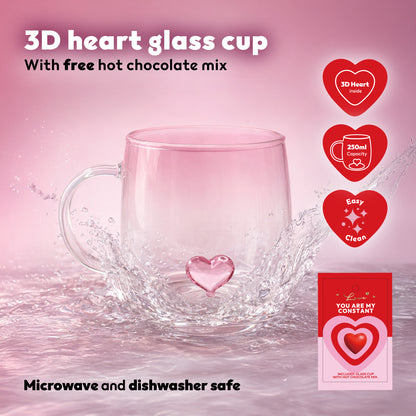 Glass Cup with 3D Heart – Clear Glass Mug Romantic Valentine’s Day Gift for Her & Him - DSL