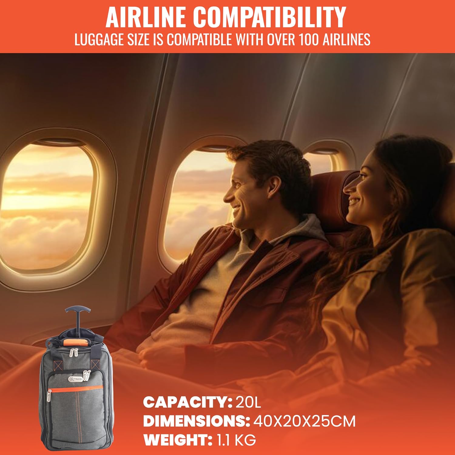 iN Ryanair, EasyJet Cabin Approved Holdall on Wheels, 40x20x25cm 20L Hand Luggage Under-seat Carry-Ons, Extendable Handle, Multi Pocket, Lightweight Travel Bag