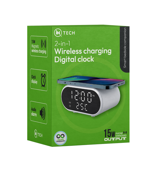 2-in-1 Digital Wireless Charging Alarm Clock | 15W Fast Qi Charger - DSL