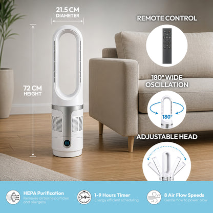 iN Bladeless Fan Cooler & Heater 3-in-1 with HEPA Air Purifier – 8 Speed with Remote Control | Hot & Cool Tower Fan | Allergen-Free Air
