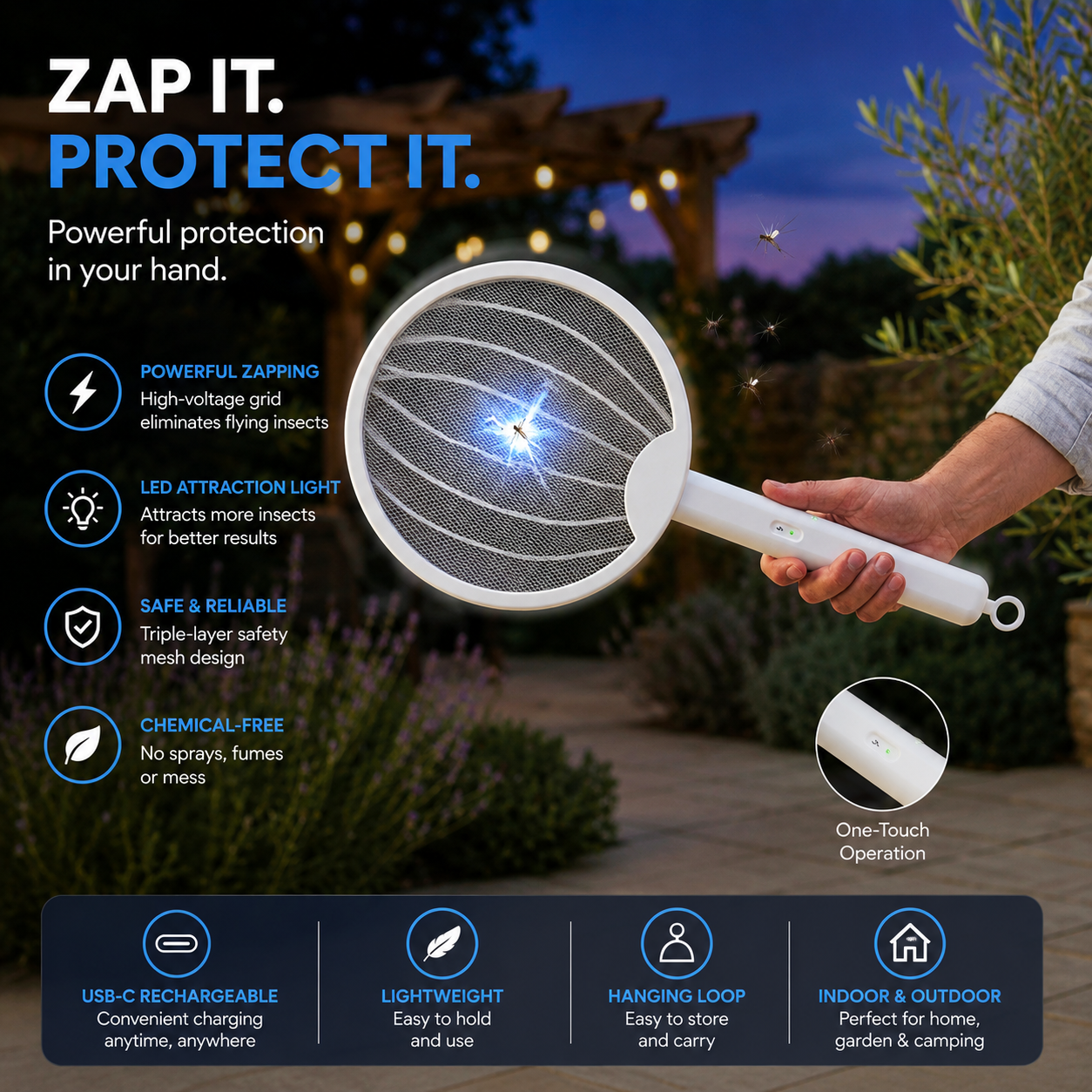 3-in-1 Rechargeable Bug Zapper Racket