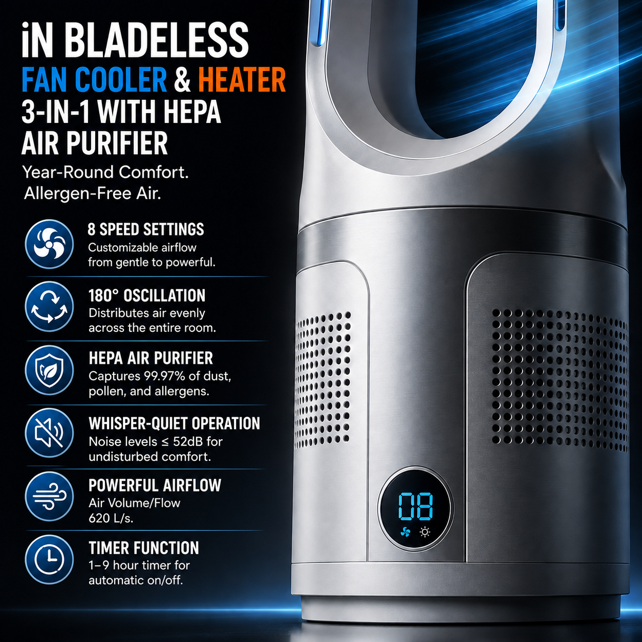 iN Bladeless Fan Cooler & Heater 3-in-1 with HEPA Air Purifier – 8 Speed with Remote Control | Hot & Cool Tower Fan | Allergen-Free Air
