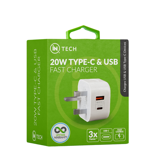iN Tech 20W Type C and USB Fast Charger Compact Double Plug Adapter - DSL