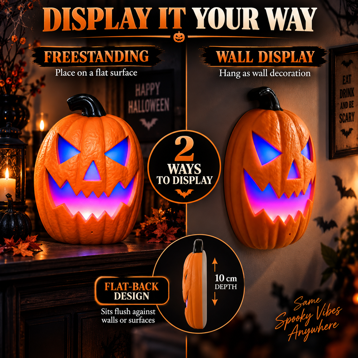 iN Halloween LED Pumpkin - Halloween Decoration - Colour Changing - Spooky Sounds - Motion Detection -Size 21.5x10x30cm