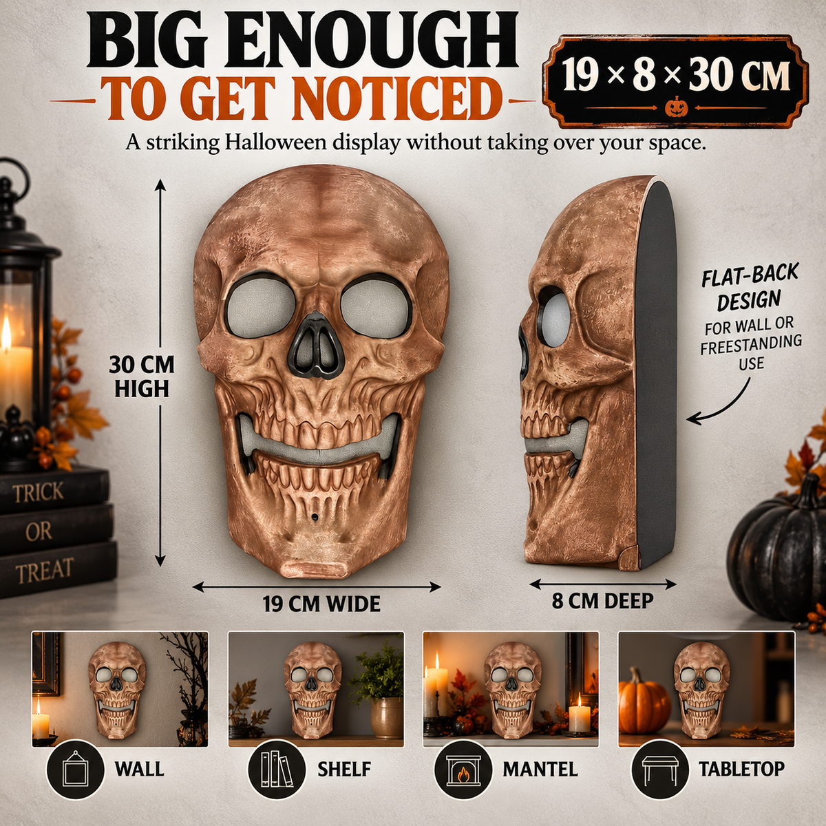 iN Halloween Spooky LED Skull - Colour Changing LED Lights - Spooky Sounds - Motion Detection - Halloween Decoration Size 19 x 8 x 30 cm