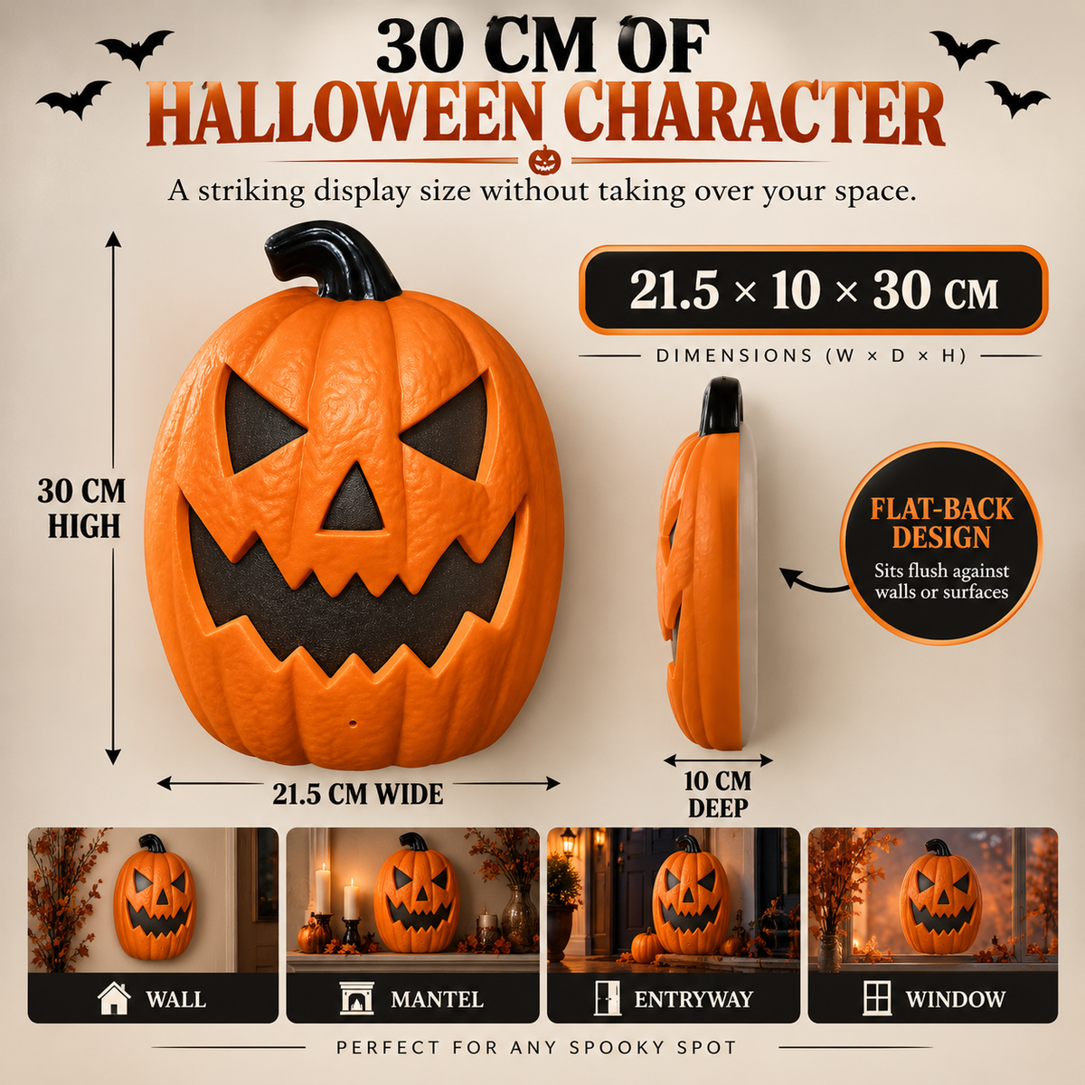 iN Halloween LED Pumpkin - Halloween Decoration - Colour Changing - Spooky Sounds - Motion Detection -Size 21.5x10x30cm