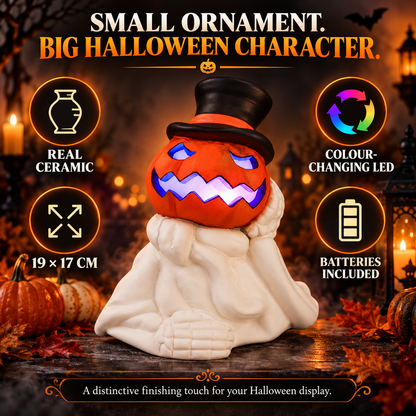 iN LED Colour Changing Ceramic Halloween Pumpkin Skeleton – Light-Up Halloween Decoration - Batteries Included – 19x17cm – Indoor Party Décor Ornament