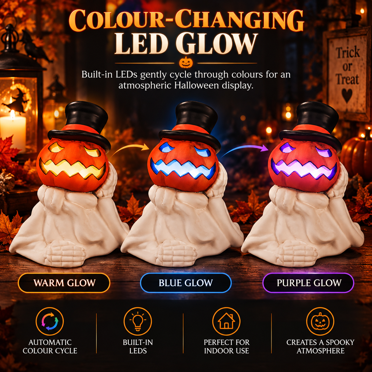 iN LED Colour Changing Ceramic Halloween Pumpkin Skeleton – Light-Up Halloween Decoration - Batteries Included – 19x17cm – Indoor Party Décor Ornament