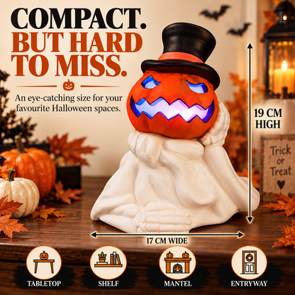 iN LED Colour Changing Ceramic Halloween Pumpkin Skeleton – Light-Up Halloween Decoration - Batteries Included – 19x17cm – Indoor Party Décor Ornament
