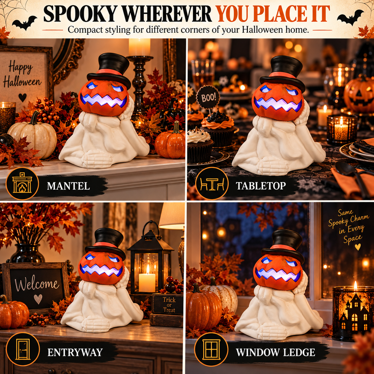 iN LED Colour Changing Ceramic Halloween Pumpkin Skeleton – Light-Up Halloween Decoration - Batteries Included – 19x17cm – Indoor Party Décor Ornament