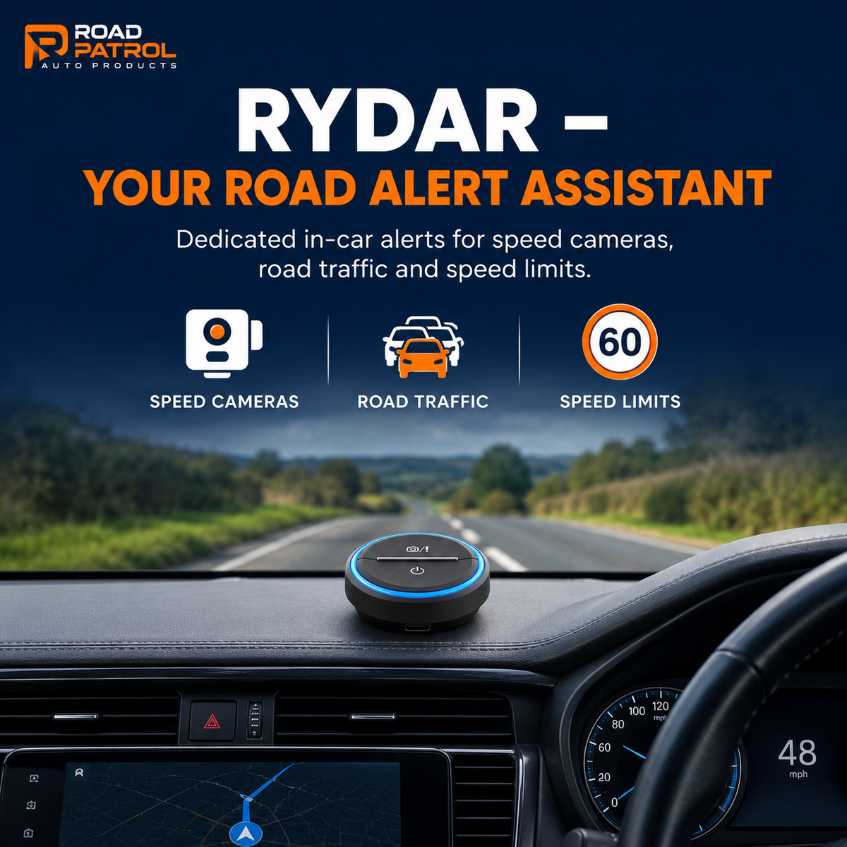 RoadPatrol RYDAR Road Alert Device – Real-Time Speed Camera, Road Traffic & Speed Limit Alerts, Visual & Audible Warnings, iOS & Android Compatible