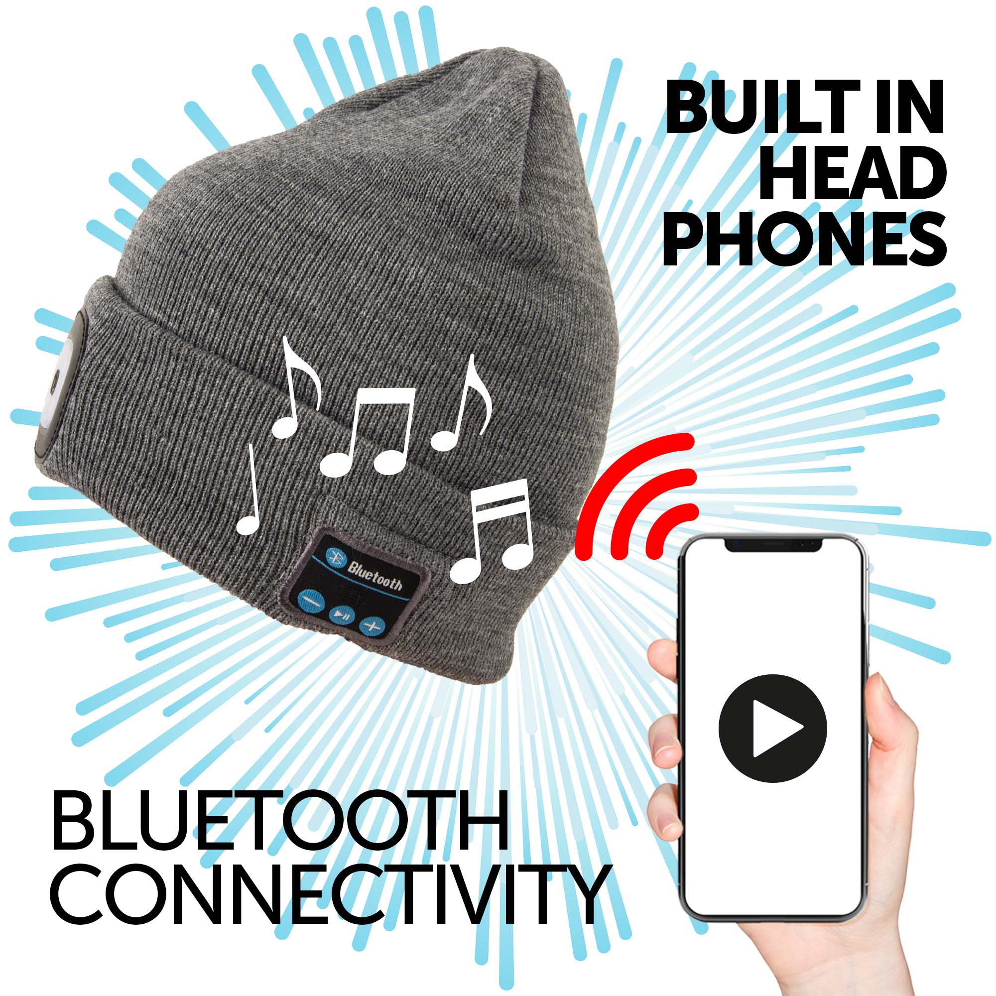 Rechargeable Bluetooth LED Beanie Hat (Unisex) (Grey) - DSL